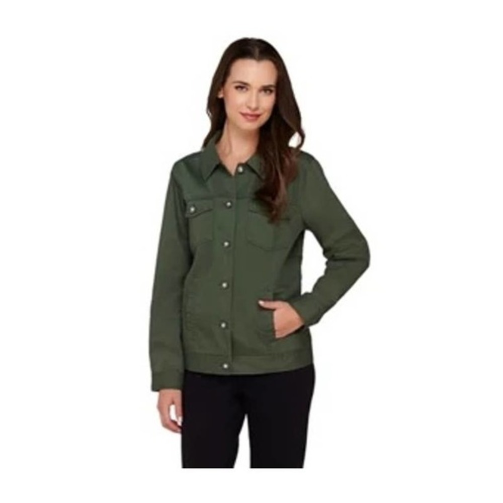Denim & Co. olive green Stretch Twill Jean Jacket Bling Buttons QVC A199936 1X